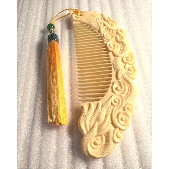 Carved Ivory Fruit Dragon or Goddess Comb with Tassel - Your Choice of Colors - Picture 4 of 12
